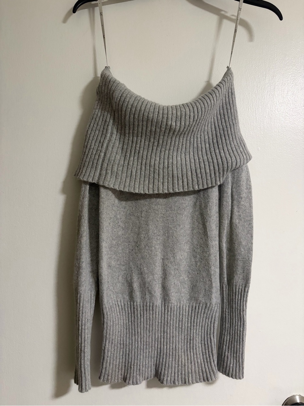 Garage Light Gray Off-Shoulder Ribbed Foldover Sweater